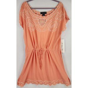 Colleen Lopez Dress Womens Large Coral Boat Neck Lace Trim Cap Sleeve Cover Up